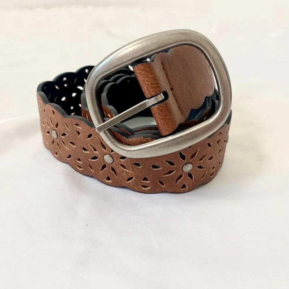 Plus Size Brown Silver Boho Floral Studded Waist Belt 49